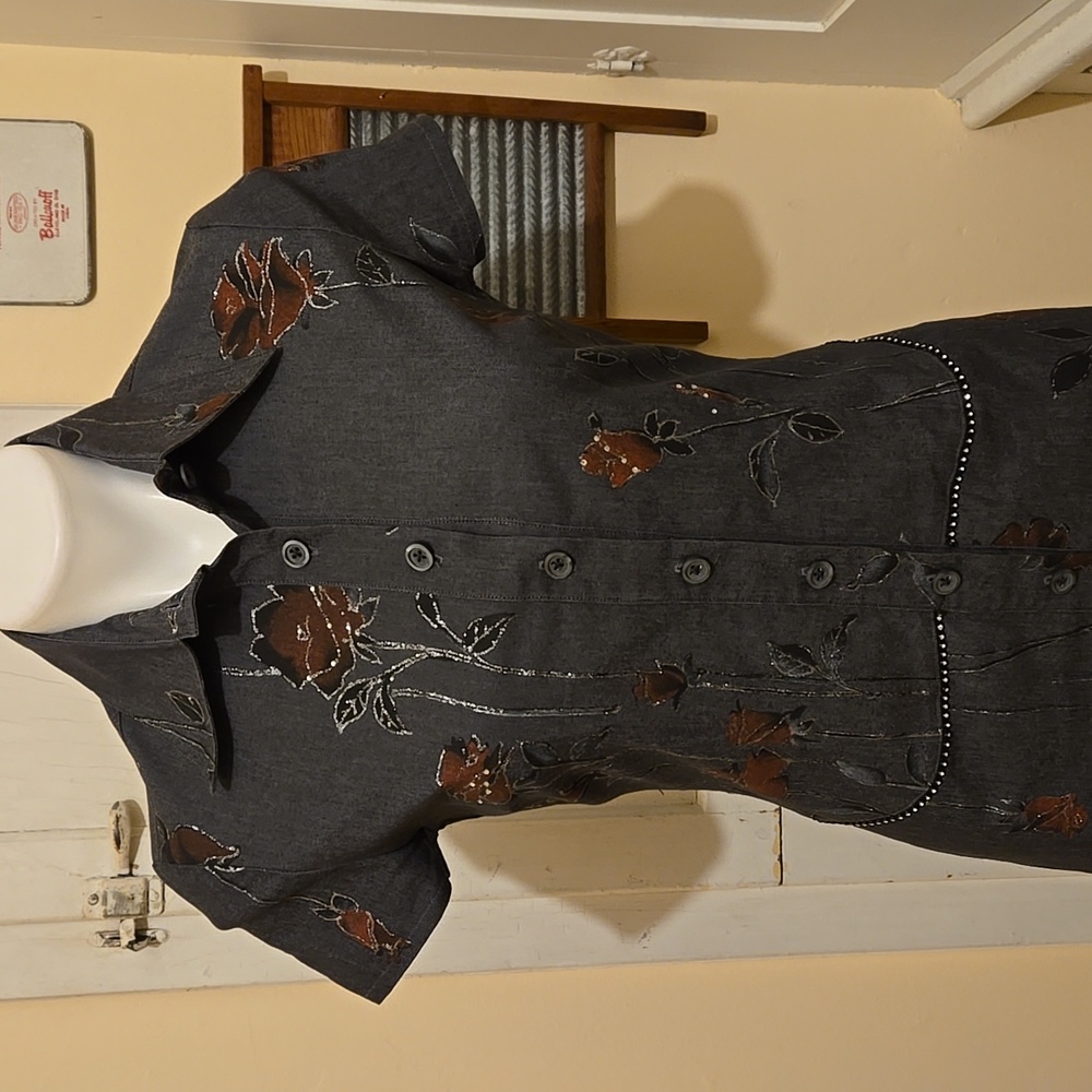 Mucci gray stretch dress with shimmering painted florals Sz 42 🎁 - Picture 2 of 9